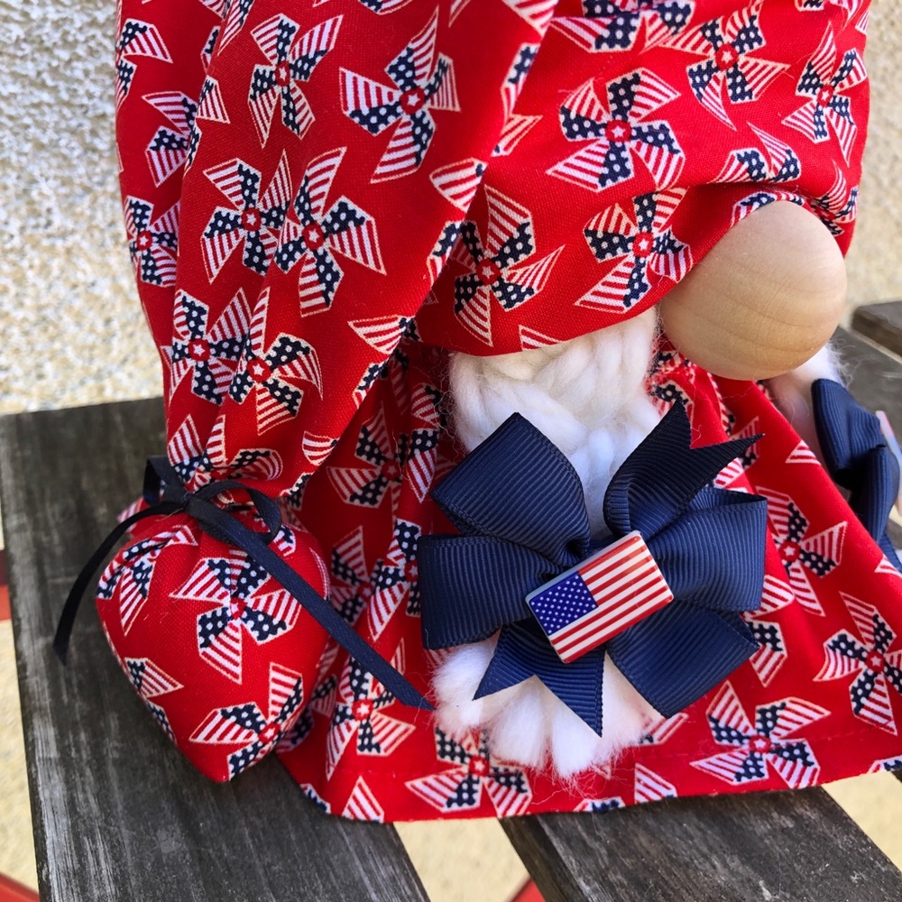 Pinwheel Gnome Red White Blue Patriotic Flag July 4th USA Gift Braids Bows